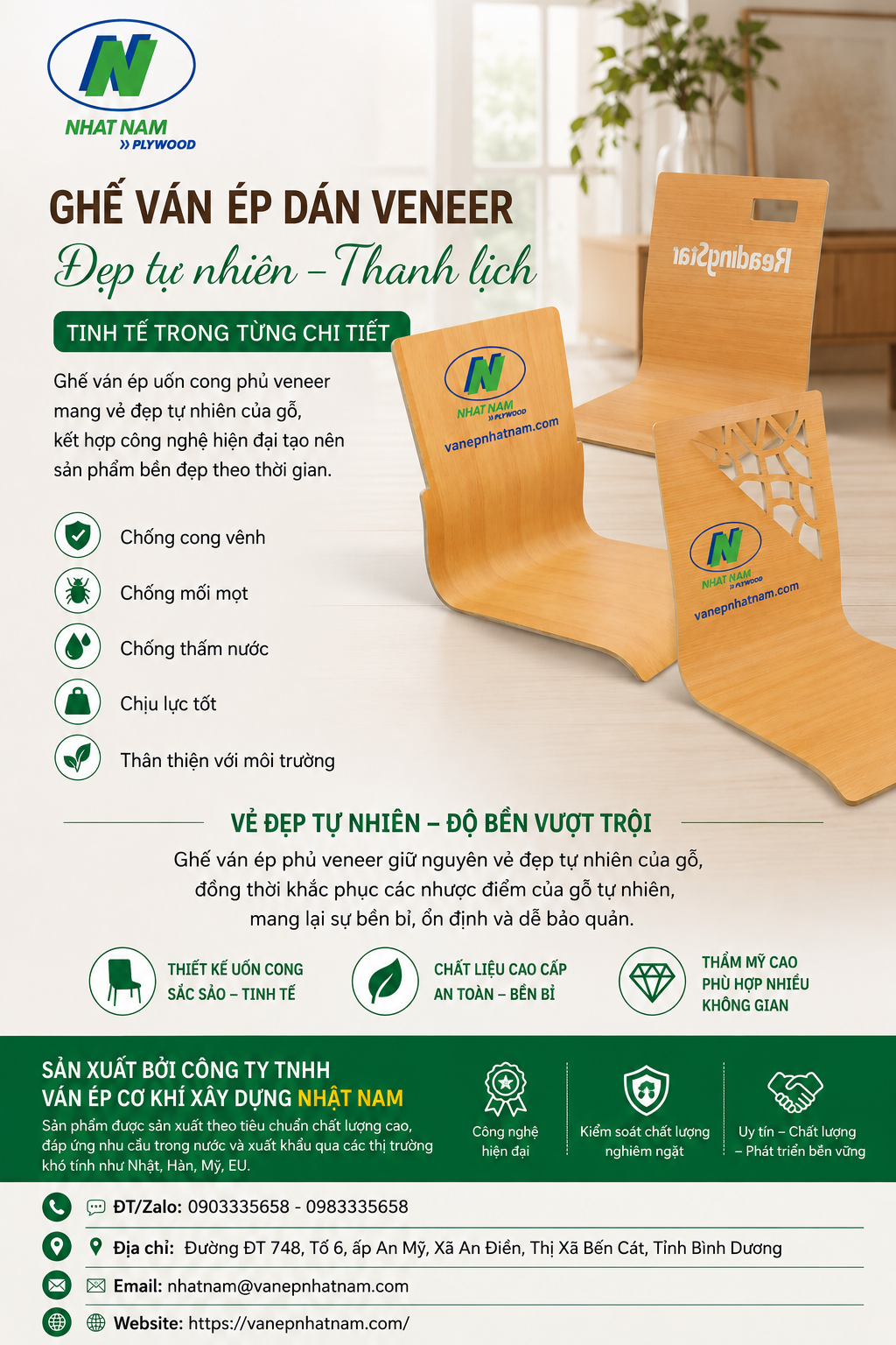 GHẾ VÁN ÉP UỐN CONG PHỦ VENEER CAO CẤP – VẺ ĐẸP TỰ NHIÊN, ĐỘ BỀN VƯỢT TRỘI
